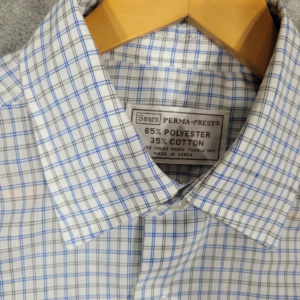 Vtg 70s Sears Button Up Shirt Mens 16 34/35 Blue Plaid Perma-Prest Regular Cut